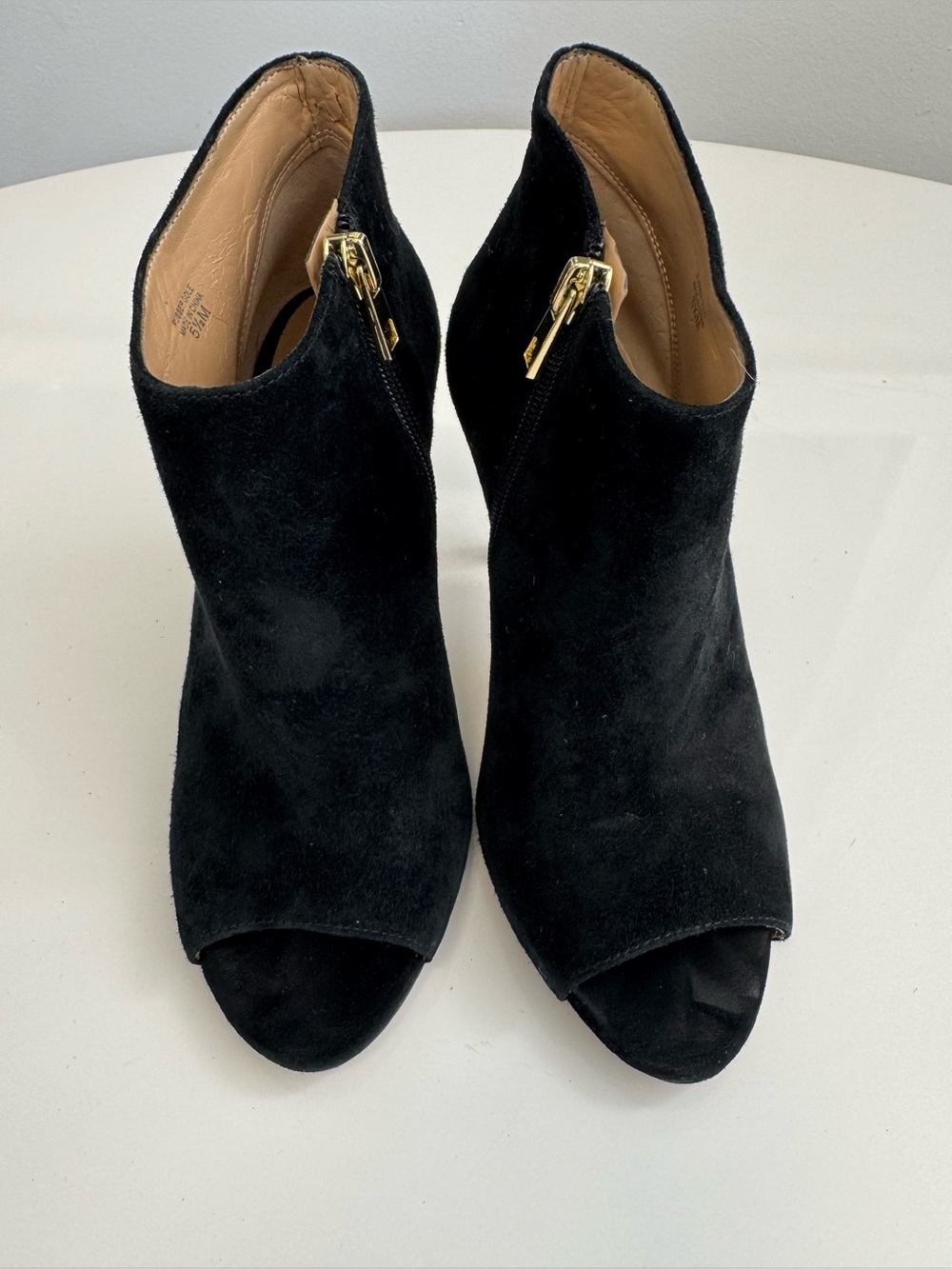Ann Taylor Black Suede Peep Toe Ankle Bootie with Side Zipper